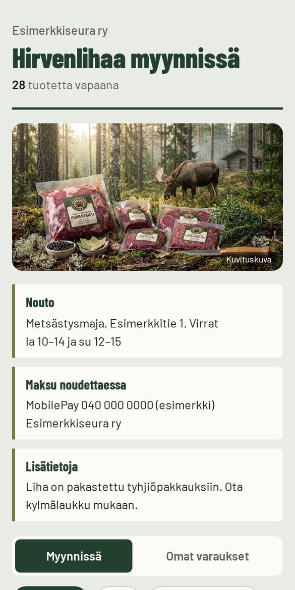 Seuran kaupan etusivu: seuran nimi, kuva, noutopaikka ja maksutiedot