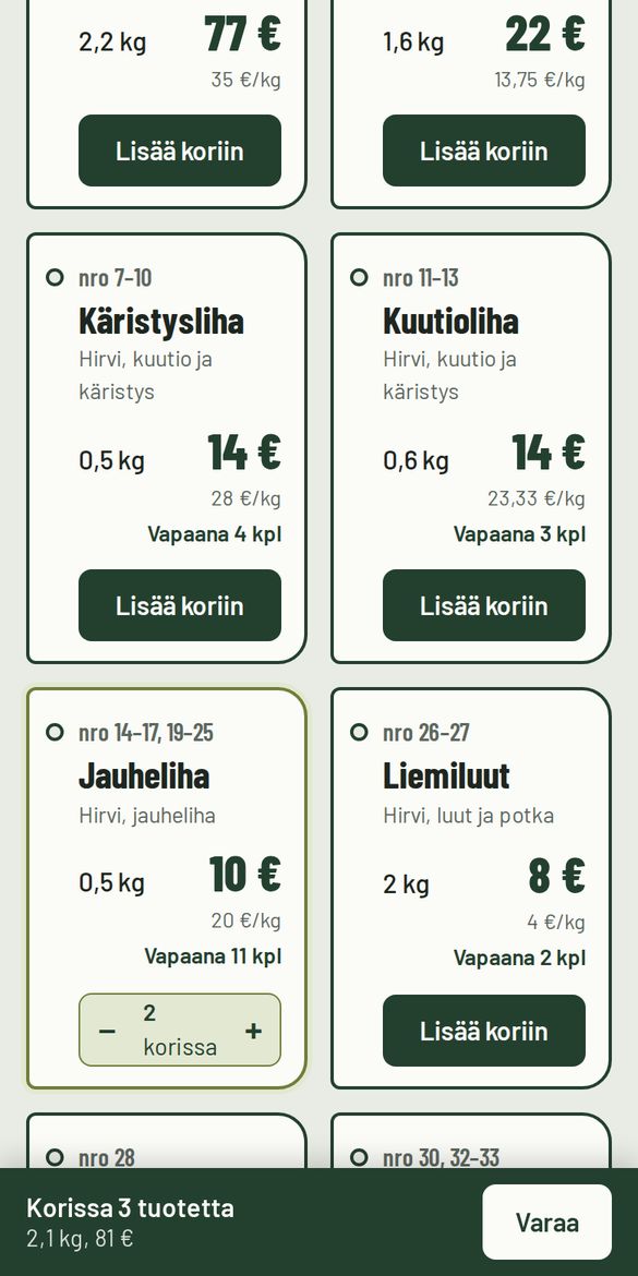 Tuotteet hintalappuina, kaksi tuotetta ostoskorissa