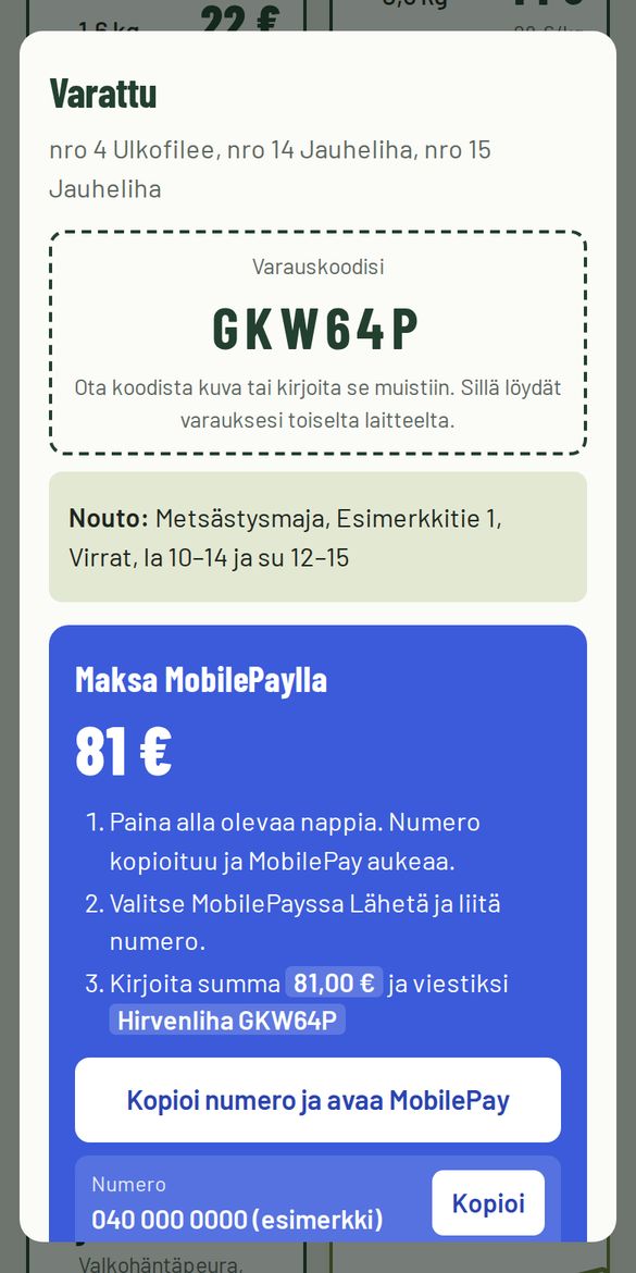 Varausvahvistus, varauskoodi ja MobilePay-maksuohje