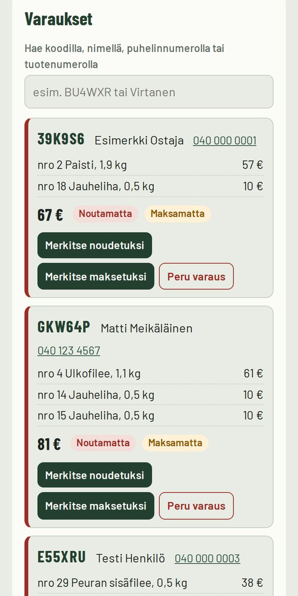 Seuran hallinta: varauskortit, noudetuksi ja maksetuksi merkitseminen