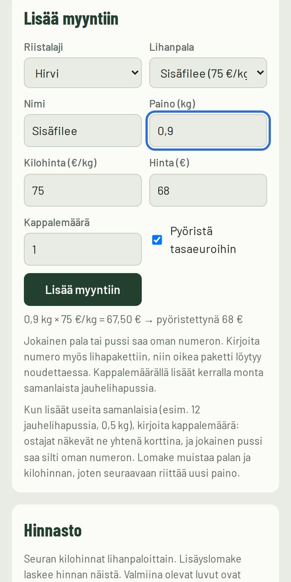Lisäyslomake: lihanpala, paino ja kilohinnasta laskettu hinta