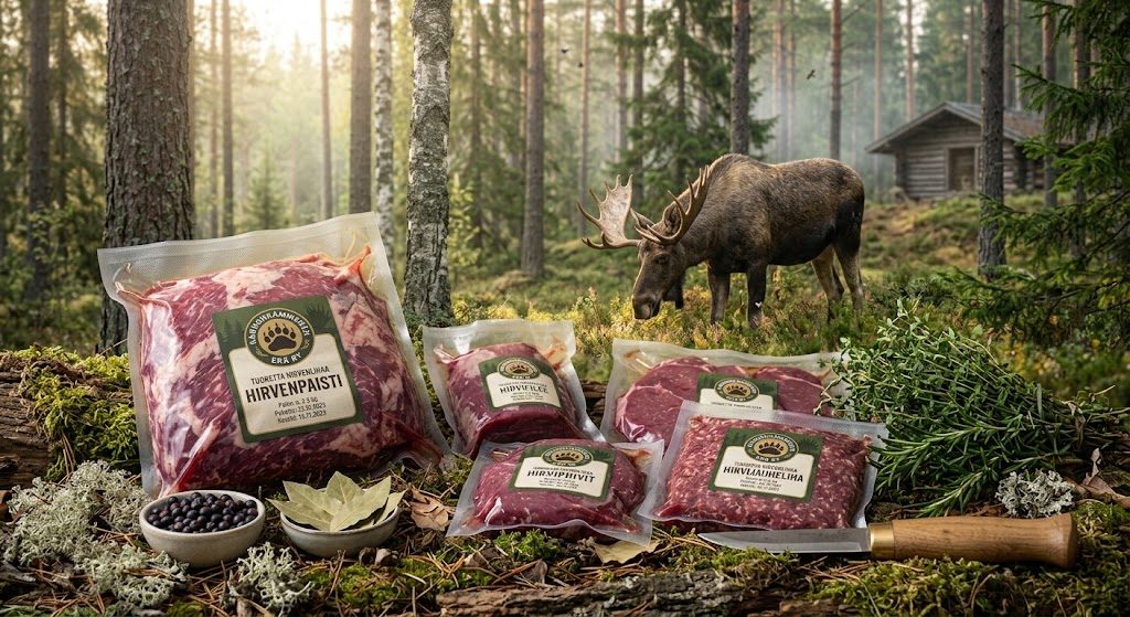 Hirvi metsässä, etualalla tyhjiöpakattua hirvenlihaa